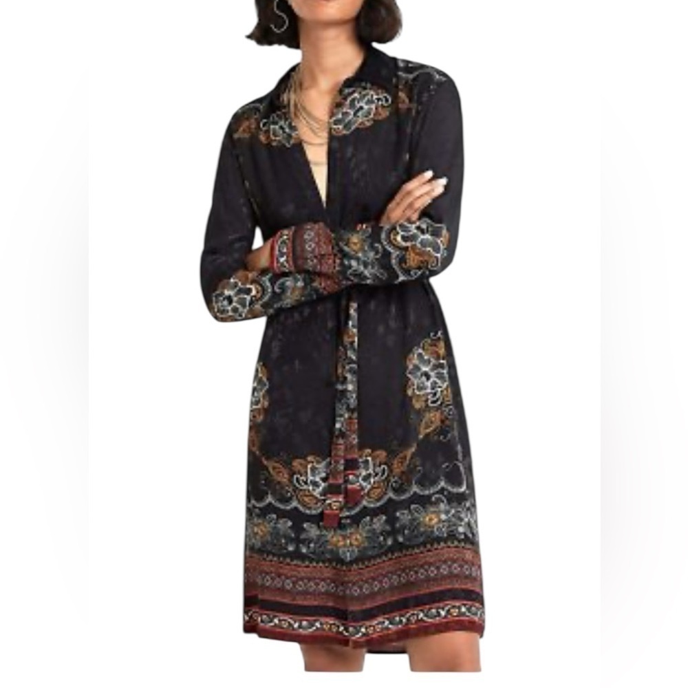 Desigual Suam Boho Floral Long Sleeve Button Front Shirt Dress Small Black Multi